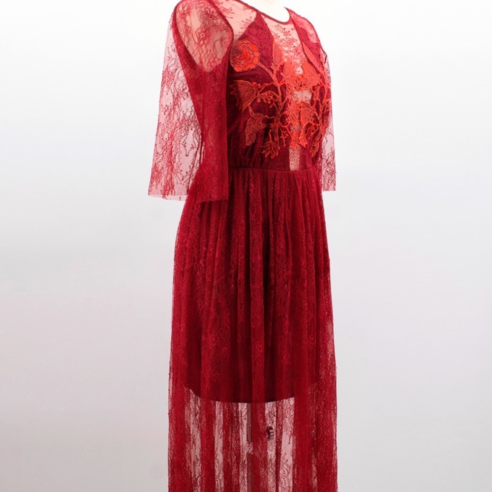 Long sexy red lace cocktail dress